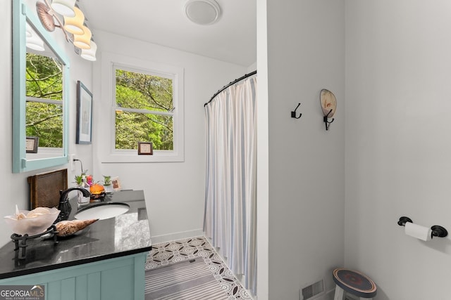 19 Oak Creek Cir, Toccoa, GA 30577 - bathroom with baseboards, visible vents, a shower with curtain, and vanity