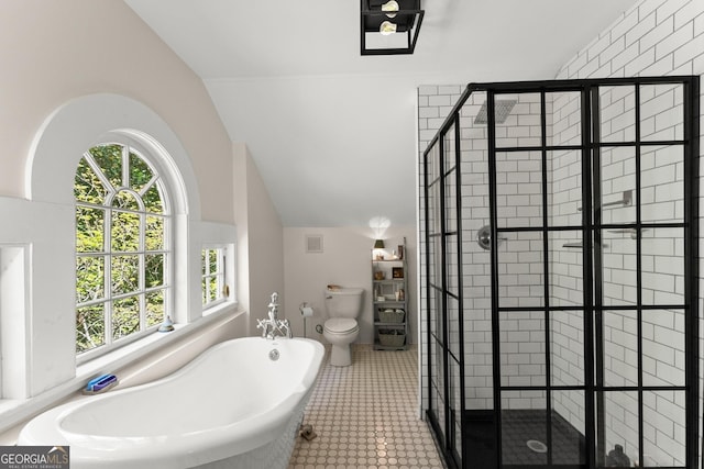19 Oak Creek Cir, Toccoa, GA 30577 - bathroom with a soaking tub, a shower stall, visible vents, toilet, and vaulted ceiling
