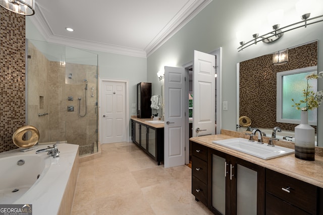 8345 Jett Ferry Rd, Sandy Springs, GA 30350 - full bath with a shower stall, crown molding, a tub with jets, vanity, and tile patterned floors