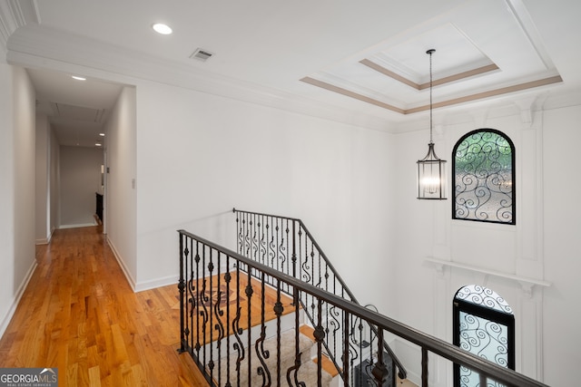 8345 Jett Ferry Rd, Sandy Springs, GA 30350 - hallway featuring an upstairs landing, attic access, ornamental molding, light wood-style floors, and recessed lighting