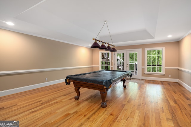 8345 Jett Ferry Rd, Sandy Springs, GA 30350 - game room with a tray ceiling, light wood-style flooring, french doors, pool table, and recessed lighting