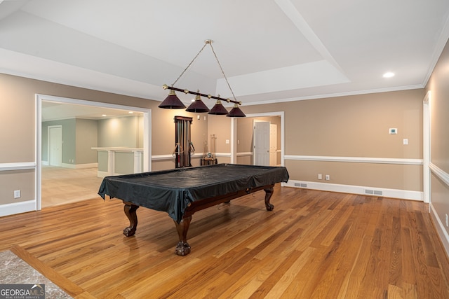 8345 Jett Ferry Rd, Sandy Springs, GA 30350 - game room featuring light wood-style flooring, billiards, recessed lighting, and a raised ceiling