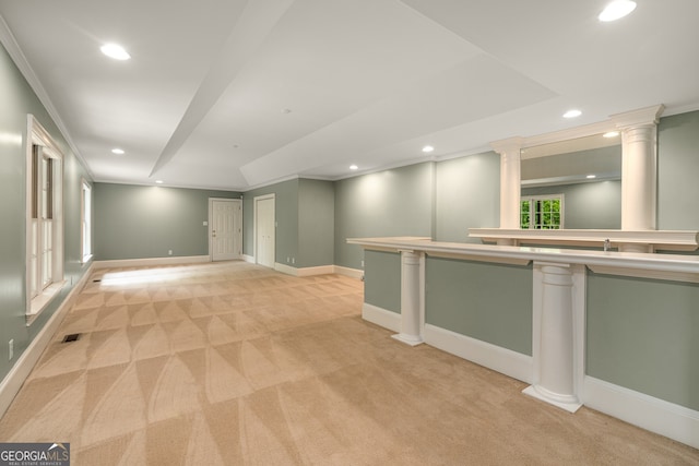 8345 Jett Ferry Rd, Sandy Springs, GA 30350 - spare room with light carpet, decorative columns, recessed lighting, and crown molding