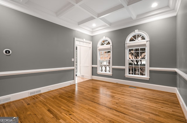 8345 Jett Ferry Rd, Sandy Springs, GA 30350 - spare room featuring hardwood / wood-style flooring, coffered ceiling, beam ceiling, ornamental molding, and recessed lighting