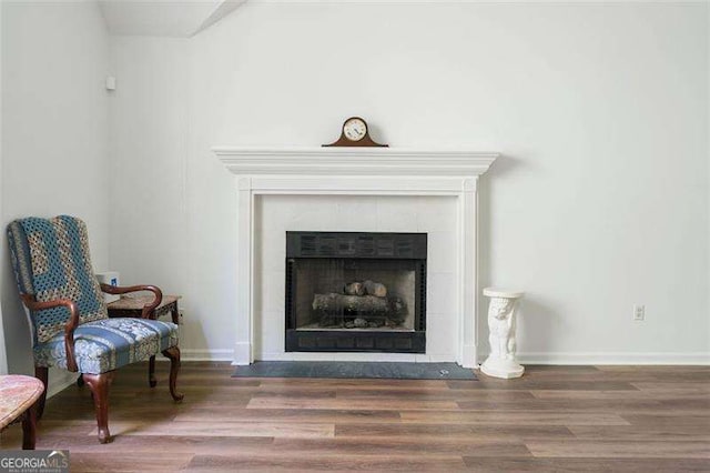 3420 Honeysuckle Ln, Lithia Springs, GA 30122 - room details with baseboards, wood finished floors, and a fireplace