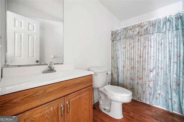 3420 Honeysuckle Ln, Lithia Springs, GA 30122 - full bathroom featuring wood finished floors, toilet, a shower with shower curtain, and vanity