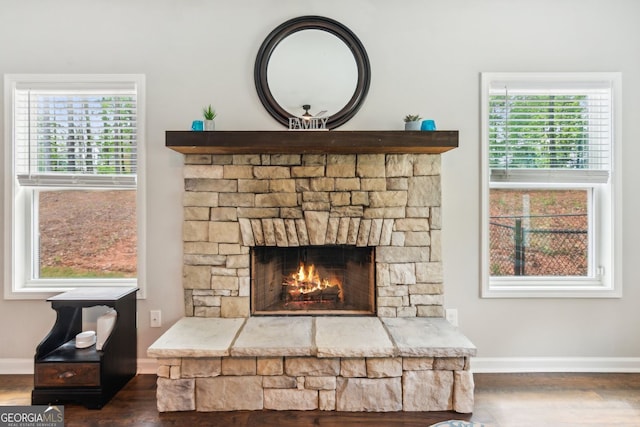 details with a fireplace, wood finished floors, and baseboards
