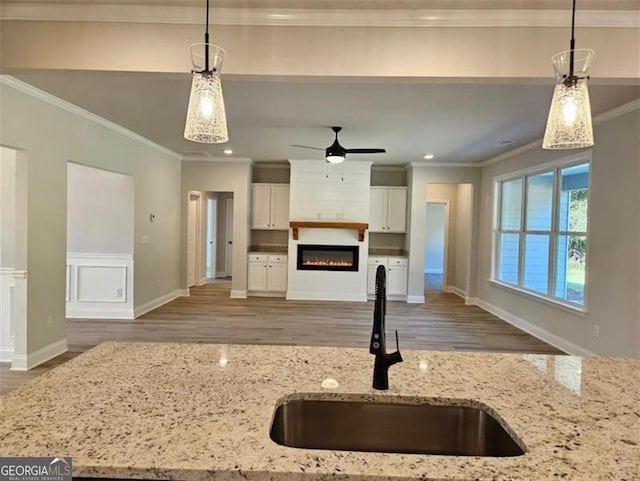 kitchen with crown molding, pendant lighting, wood finished floors, white cabinetry, and a sink