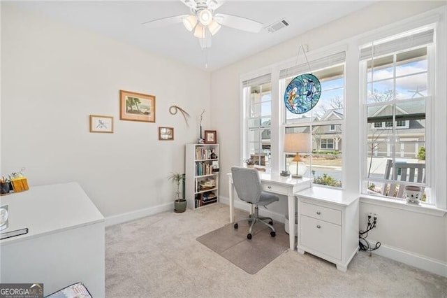221 Hickory Bluffs Pkwy, Canton, GA 30114 - office with baseboards, visible vents, light carpet, and ceiling fan