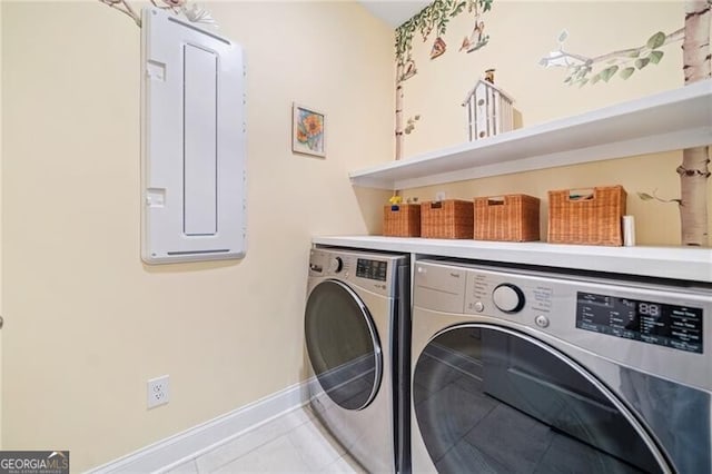 221 Hickory Bluffs Pkwy, Canton, GA 30114 - washroom featuring baseboards, light tile patterned floors, laundry area, and independent washer and dryer