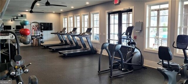 221 Hickory Bluffs Pkwy, Canton, GA 30114 - exercise room with baseboards, recessed lighting, and a ceiling fan
