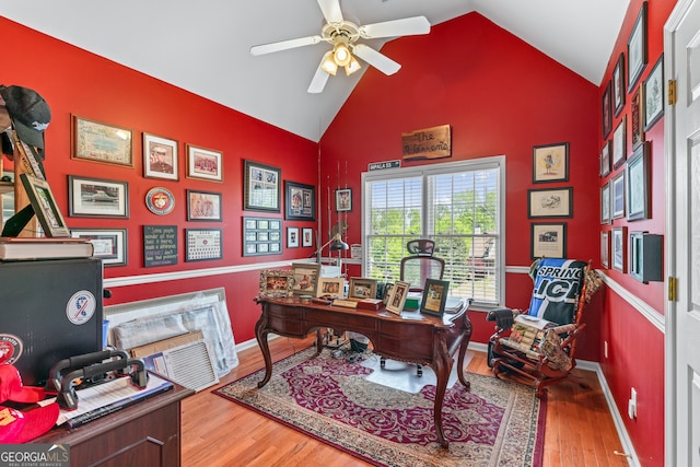 9255 Old Preserve Trl, Ball Ground, GA 30107 - office area with a ceiling fan, wood finished floors, and high vaulted ceiling