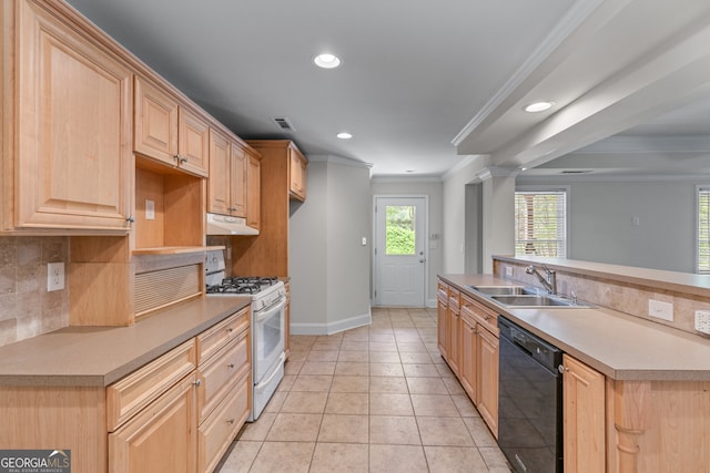 9255 Old Preserve Trl, Ball Ground, GA 30107 - kitchen featuring dishwasher, white range with gas stovetop, crown molding, light brown cabinets, and backsplash