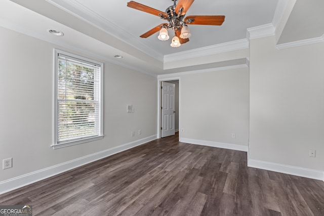 9255 Old Preserve Trl, Ball Ground, GA 30107 - unfurnished room with ceiling fan, dark wood finished floors, crown molding, and a raised ceiling