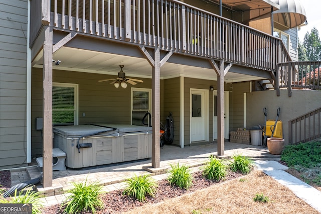 9255 Old Preserve Trl, Ball Ground, GA 30107 - patio / terrace with a hot tub, ceiling fan, and a patio