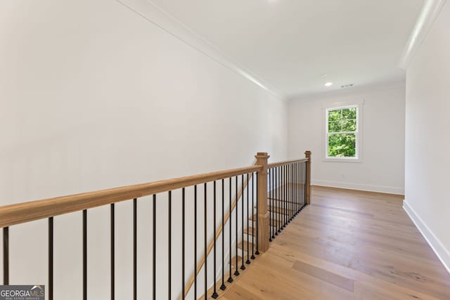 9135 Greenway Ct, Gainesville, GA 30506 - hall with ornamental molding, an upstairs landing, light wood-type flooring, and recessed lighting