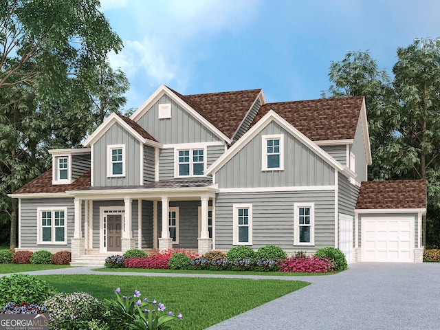 craftsman inspired home with a porch, roof with shingles, board and batten siding, and aphalt driveway