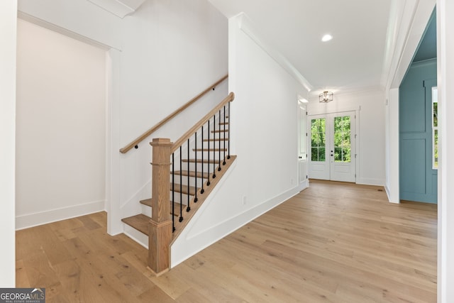 9135 Greenway Ct, Gainesville, GA 30506 - stairway featuring wood finished floors, crown molding, and recessed lighting