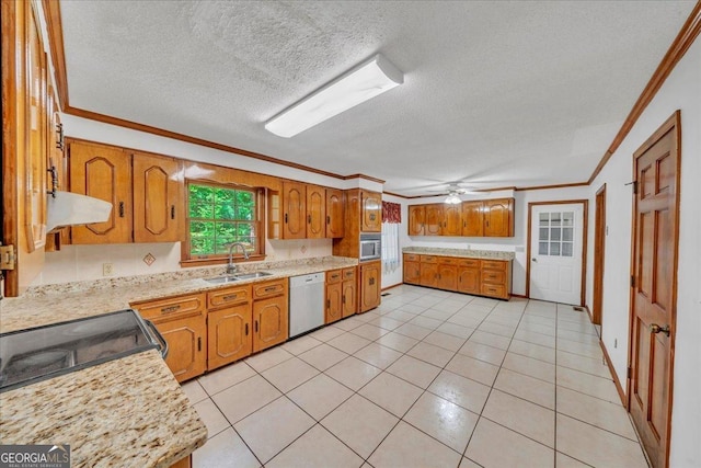 kitchen with light countertops, crown molding, white dishwasher, and a sink