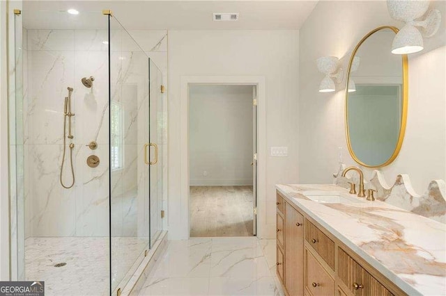 3006 Skyland Dr NE, Brookhaven, GA 30341 - bathroom featuring visible vents, a marble finish shower, marble finish floor, and vanity