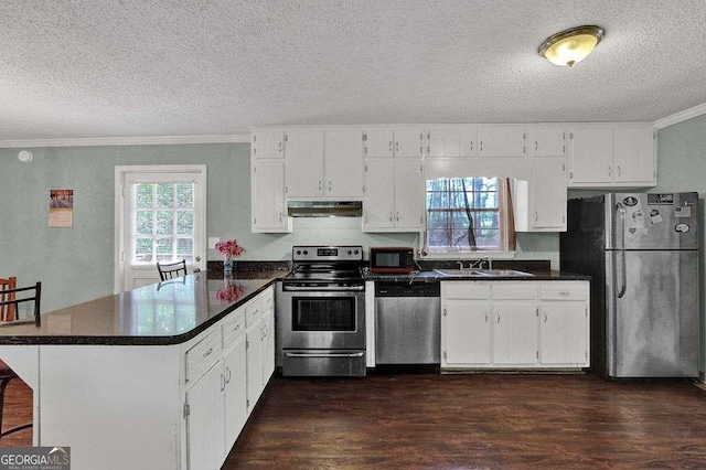 4850 Forest Blvd, Gainesville, GA 30506 - kitchen featuring stainless steel appliances, under cabinet range hood, crown molding, a peninsula, and a textured ceiling