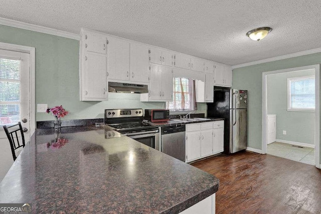 4850 Forest Blvd, Gainesville, GA 30506 - kitchen featuring stainless steel appliances, under cabinet range hood, dark countertops, a sink, and crown molding