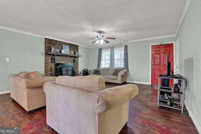 4850 Forest Blvd, Gainesville, GA 30506 - living room featuring ceiling fan, ornamental molding, and dark wood-style floors