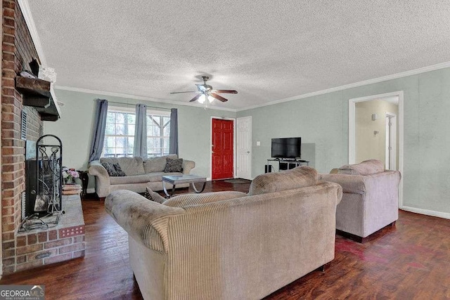 4850 Forest Blvd, Gainesville, GA 30506 - living area featuring dark wood-style flooring, a fireplace, ceiling fan, crown molding, and a textured ceiling