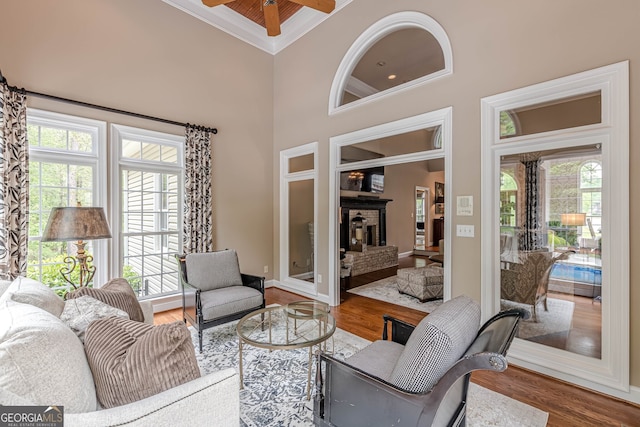 living area with wood finished floors, a healthy amount of sunlight, a fireplace with raised hearth, and ornamental molding