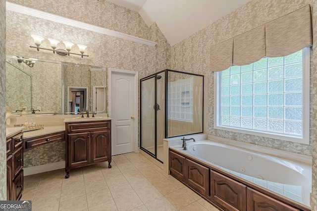 full bathroom with a shower stall, wallpapered walls, a jetted tub, vaulted ceiling, and vanity