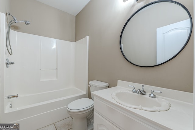 bathroom featuring shower / washtub combination, toilet, tile patterned flooring, and vanity