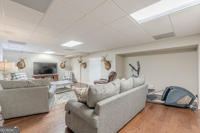living room with a drop ceiling, wood finished floors, and baseboards