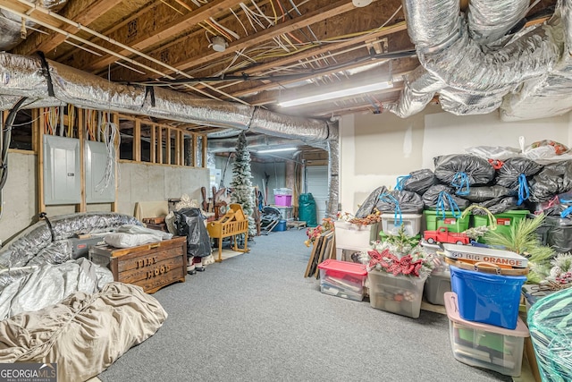 unfinished below grade area featuring electric panel and carpet floors