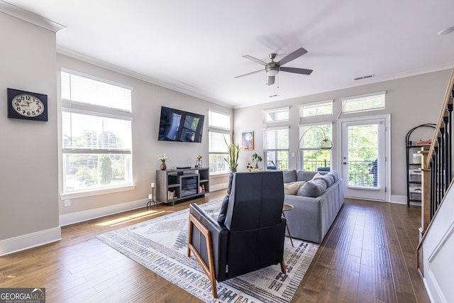 834 S Columbia Dr, Decatur, GA 30030 - living room featuring ornamental molding, ceiling fan, dark wood-style flooring, baseboards, and stairway