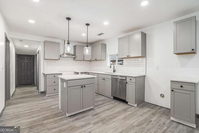 1477 Olive St SW, Atlanta, GA 30310 - kitchen with dishwasher, gray cabinetry, wall chimney exhaust hood, decorative backsplash, and recessed lighting