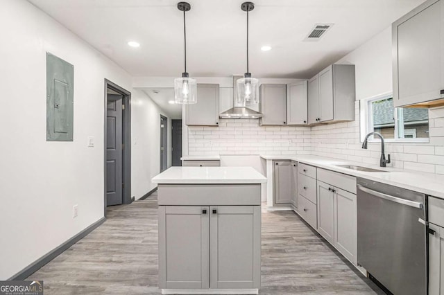1477 Olive St SW, Atlanta, GA 30310 - kitchen featuring dishwasher, a sink, wall chimney range hood, gray cabinets, and electric panel