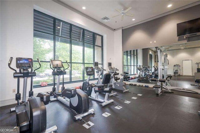 3040 Peachtree Rd NW Unit 815, Atlanta, GA 30305 - workout area featuring ornamental molding, ceiling fan, recessed lighting, and a high ceiling