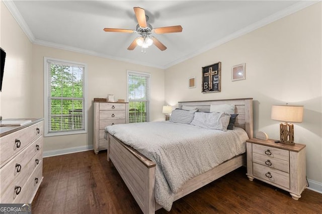 bedroom featuring ceiling fan, crown molding, dark wood finished floors, and baseboards