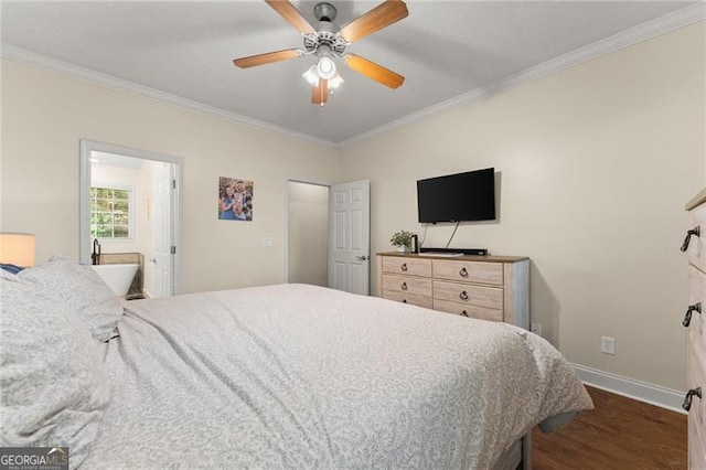 bedroom with ceiling fan, crown molding, dark wood finished floors, and baseboards