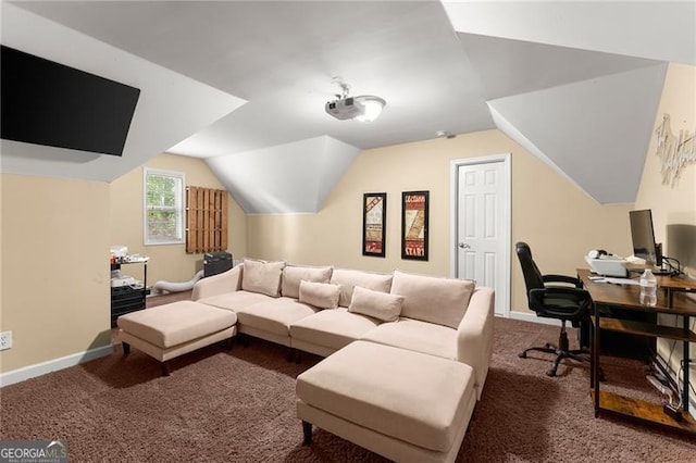 cinema featuring baseboards, carpet, and vaulted ceiling