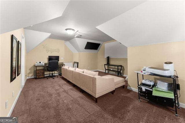 bedroom featuring vaulted ceiling, carpet, and baseboards