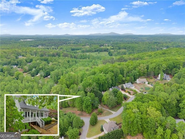 drone / aerial view featuring a view of trees