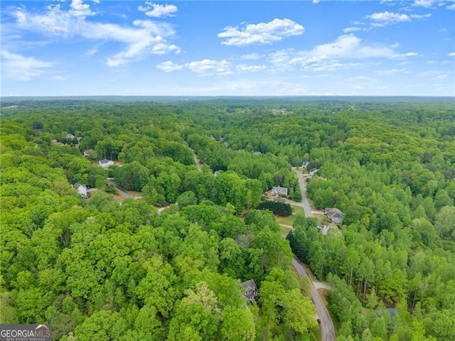 birds eye view of property featuring a wooded view