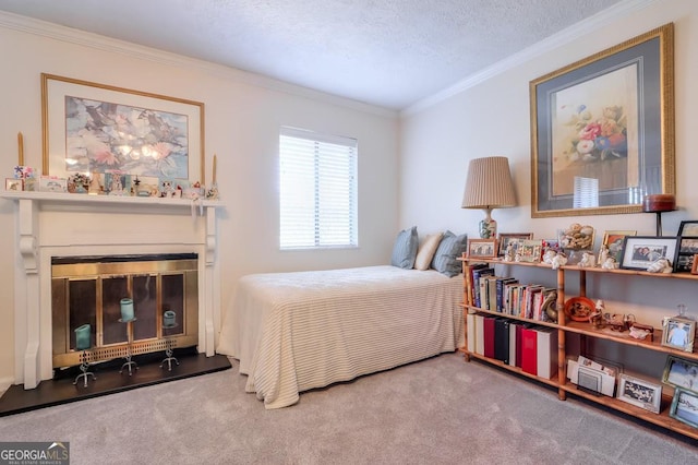 2937 Torreya Way SE, Marietta, GA 30067 - bedroom featuring crown molding, a glass covered fireplace, carpet floors, and a textured ceiling