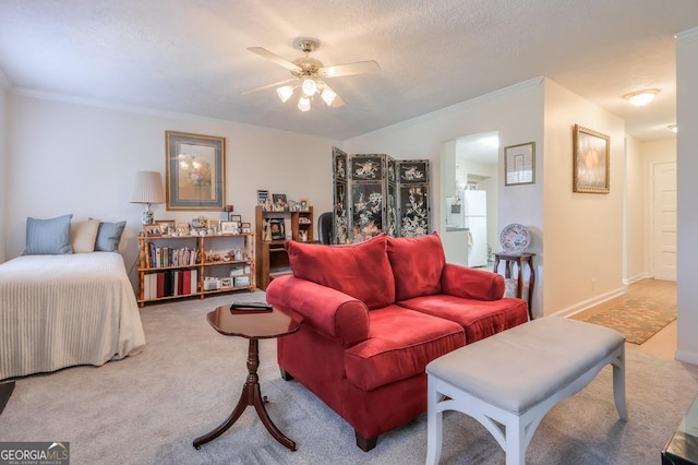 2937 Torreya Way SE, Marietta, GA 30067 - living room with carpet floors, crown molding, a textured ceiling, and ceiling fan