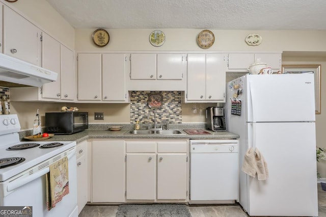 2937 Torreya Way SE, Marietta, GA 30067 - kitchen featuring a sink, white appliances, a textured ceiling, white cabinetry, and under cabinet range hood