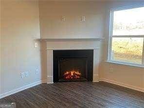 room details with wood finished floors, a warm lit fireplace, and baseboards