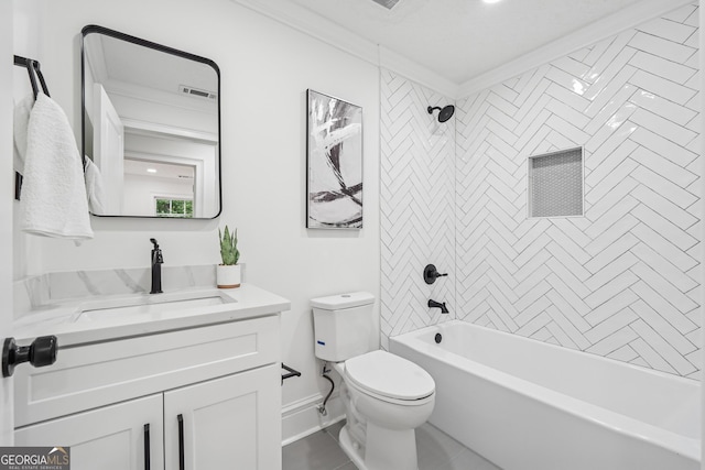 full bath with vanity, tile patterned floors, shower / bath combination, toilet, and visible vents