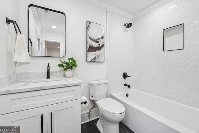 full bath with shower / tub combination, crown molding, toilet, tile patterned floors, and vanity