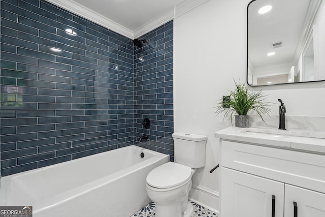full bath with vanity, toilet, visible vents, bathtub / shower combination, and ornamental molding